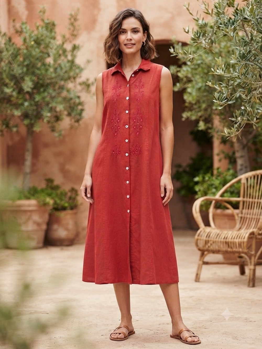 Jessica Sleeveless Button-Front Midi Dress in Rust Red Size 16